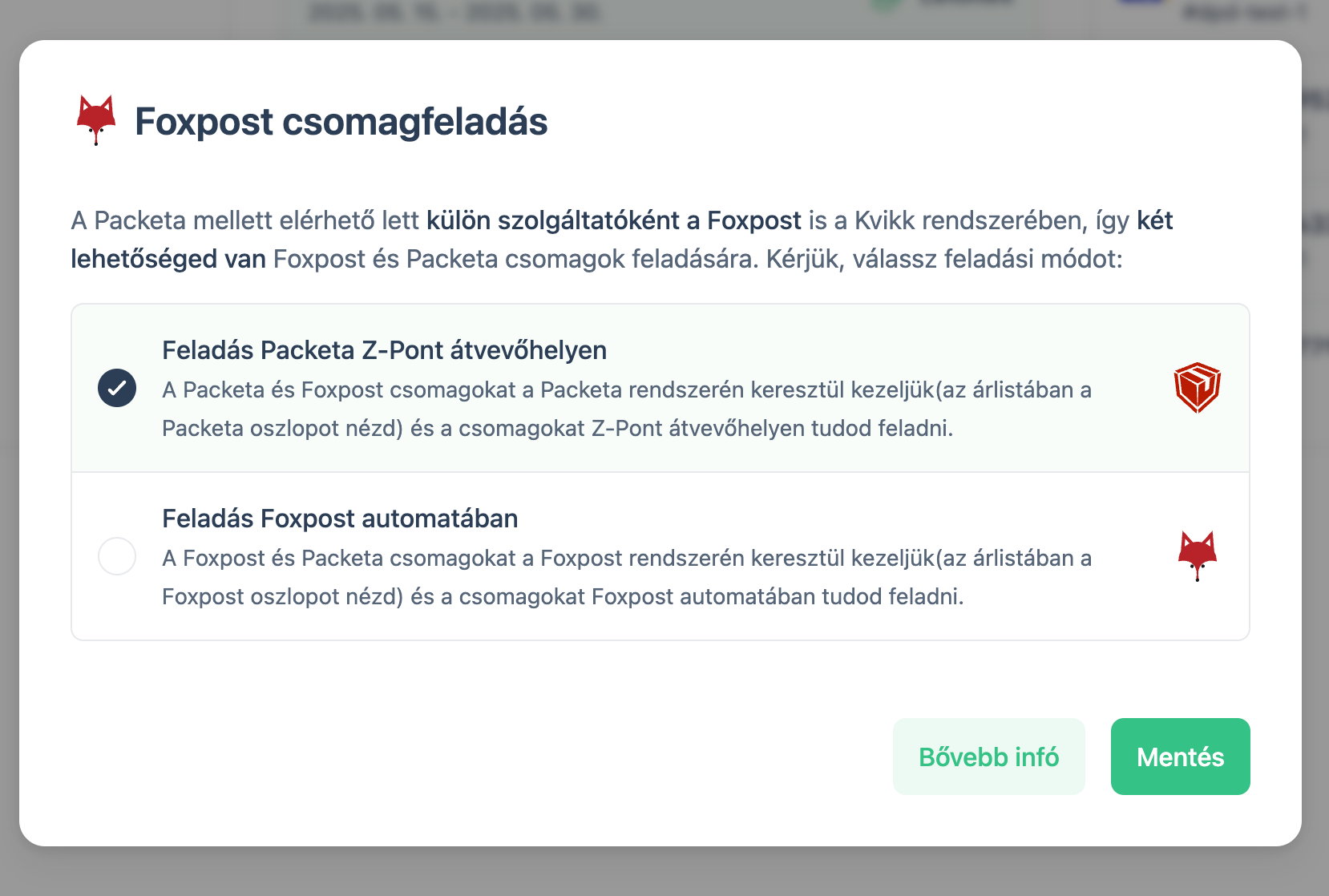 Foxpost feladási mód beállítás