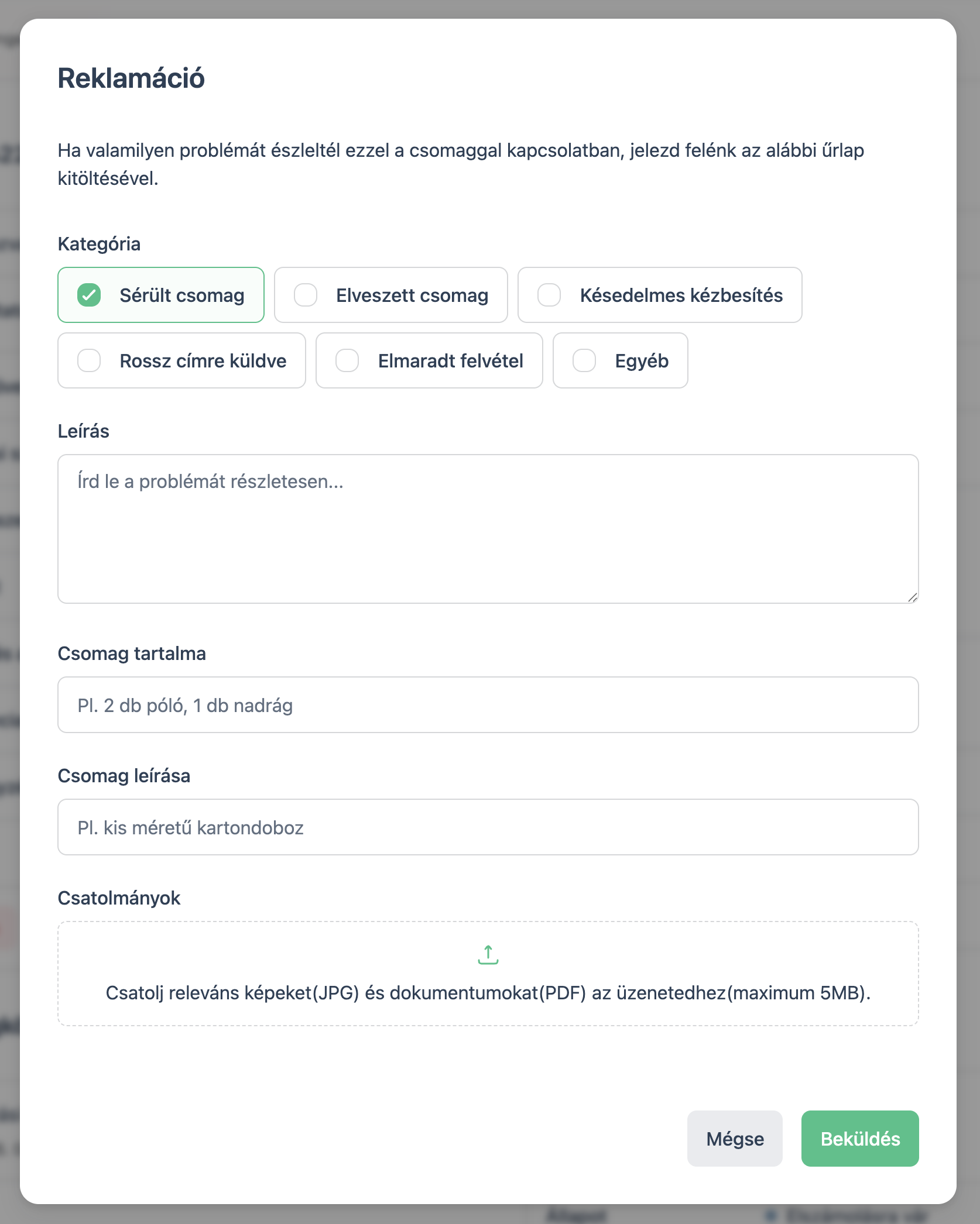 Reklamáció létrehozása